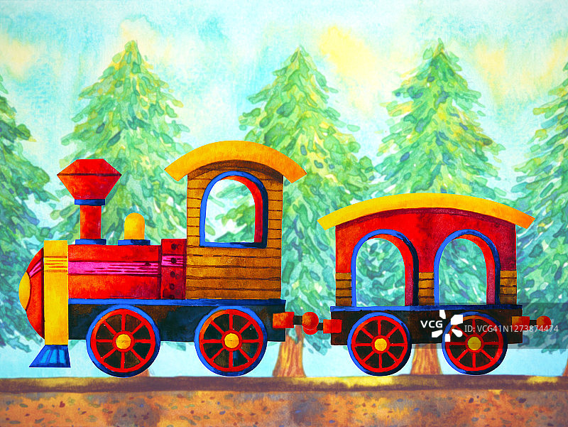 红色火车复古卡通水彩画旅行在圣诞节松树森林插图设计手绘图片素材