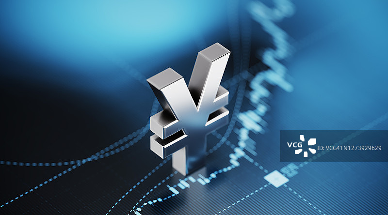 日元标志坐在蓝色金融图形背景-股票市场和金融概念图片素材