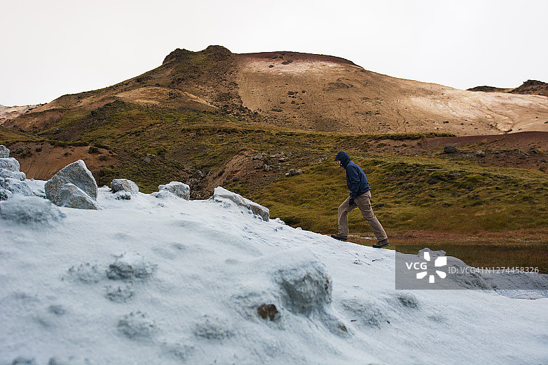 路过冰岛矿床的徒步旅行者图片素材