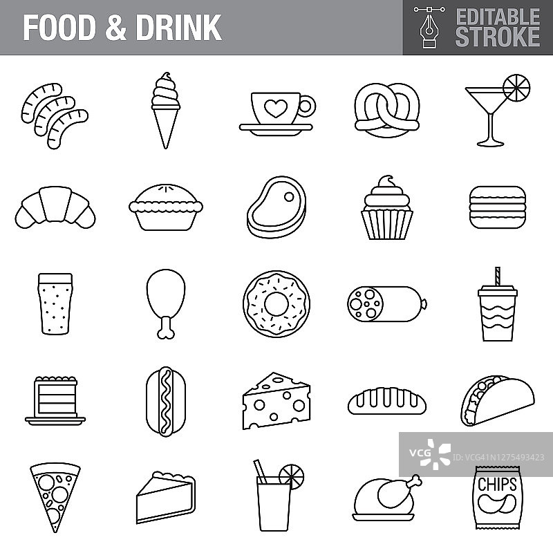 食物和饮料可编辑的描边图标设置图片素材
