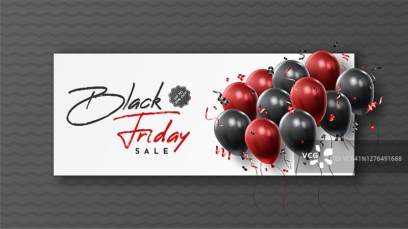 黑色星期五销售海报与闪亮的气球在黑白背景。通用矢量背景海报，横幅，传单，卡片。矢量图图片素材