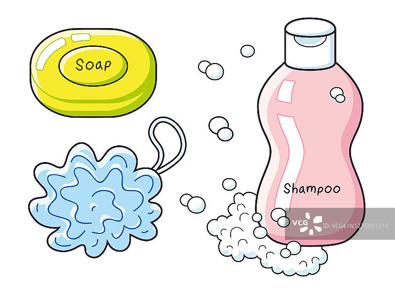 带泡沫的肥皂，沐浴棉和洗发水。图片素材