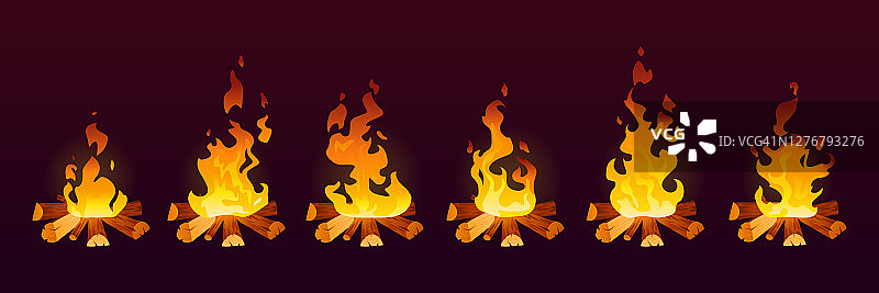 火焰燃烧的动画2d效果，卡通矢量背景。火火焰木柴或营火和篝火或壁炉图标在动态与烟和热，动画陷阱框架或故事板图片素材