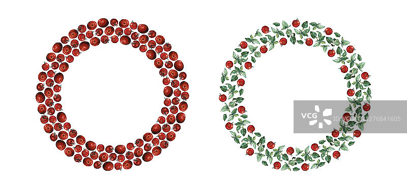 两个花环红色的樱桃番茄和绿色的罗勒树枝和叶子，孤立在白色。水彩插图。图片素材