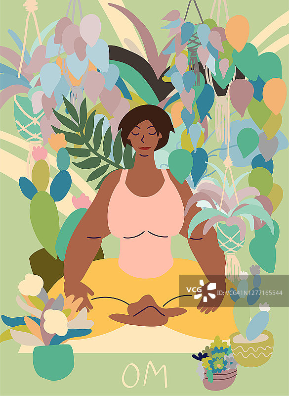 扁平风格的卡通可爱的角色，非洲裔美国妇女做瑜伽姿势冥想在家周围的植物。保健，健康，运动，减压的概念。最小的矢量插图。图片素材