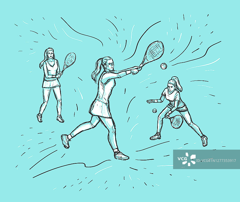 蓝色背景上有网球拍的女子网球运动员。女孩打网球。草图矢量颜色手绘插图。体育的概念。图片素材