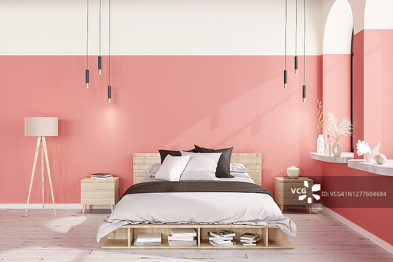 现代卧室与拼花地板，吊灯和粉红色的墙壁背景图片素材