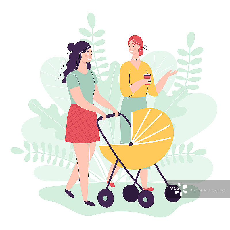 两个年轻的女人推着婴儿车，谈笑风生。快乐母亲的概念，女性友谊，和孩子的活动。平面卡通矢量插图图片素材