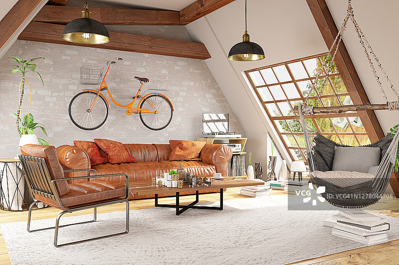阁楼房间，带吊床和自行车图片素材