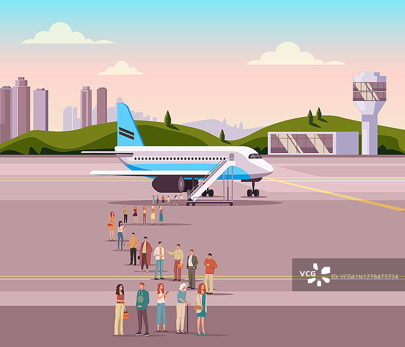 人们，旅客，游客排队等候和登机飞机。交通旅行的概念。矢量平面设计插图图片素材