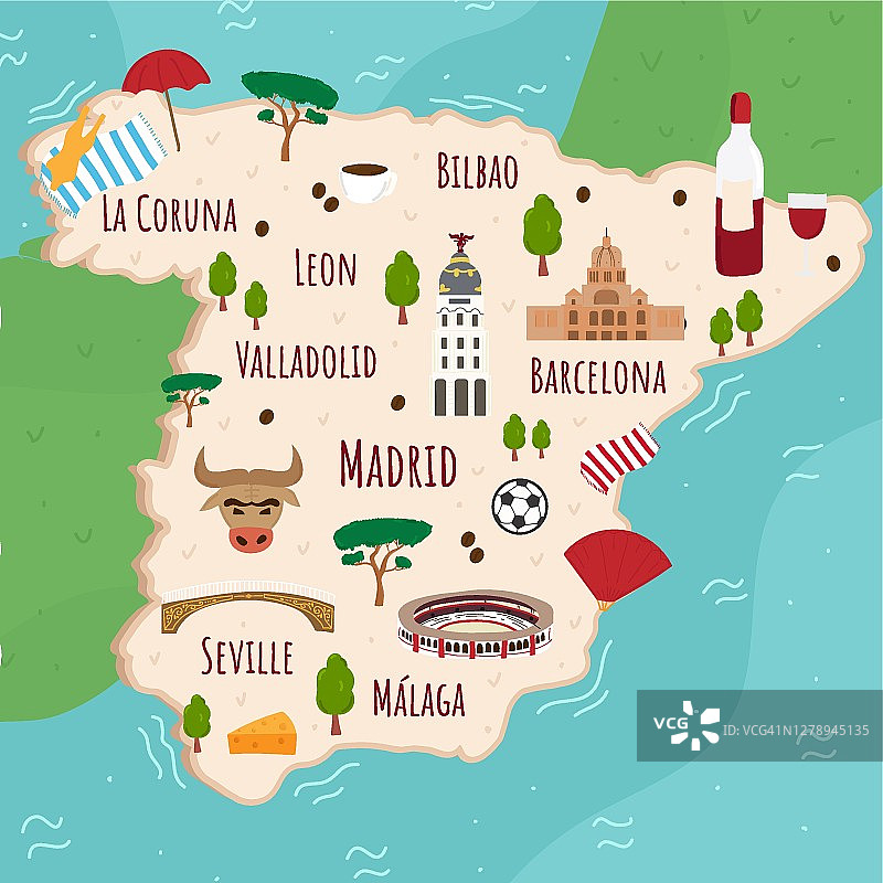 西班牙的卡通地图。旅游插图与西班牙地标，建筑，食物和植物。有趣的旅游信息图。国家的象征。著名的景点。矢量插图。图片素材