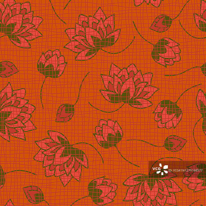 无缝矢量模式与荷花在橙色的背景。纹理花墙纸设计。粉色花卉时装纺织品。图片素材