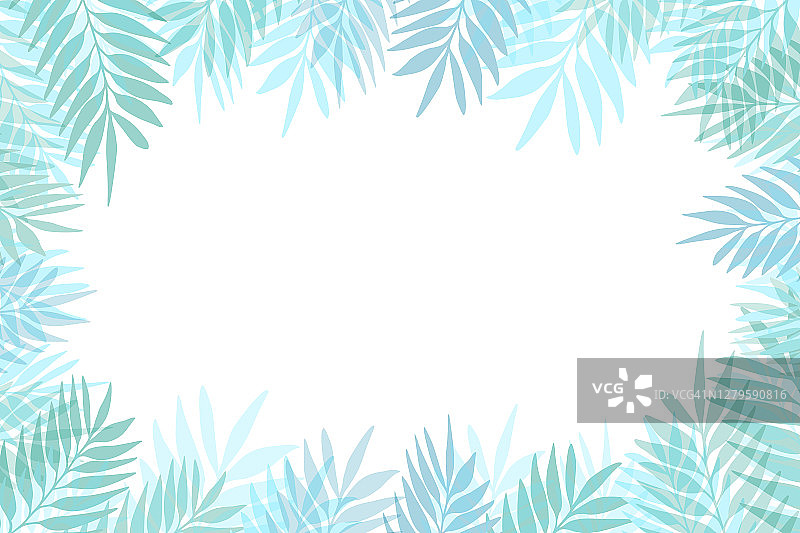 花框架与彩色的异国情调的树枝在白色的背景。有热带叶子的华丽的镶边。矢量股票插图墙纸，海报，卡片。涂鸦风格。副本的空间。图片素材