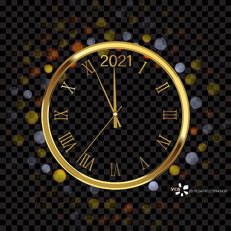 2021年新年快乐，戴着闪亮的金表。向量图片素材