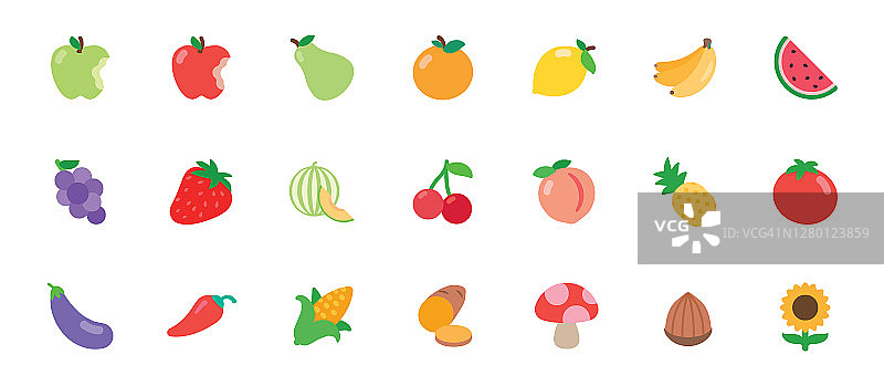 一套水果和蔬菜。素食食品。采购产品新鲜有机食品平面图标，表情符号，符号，贴纸收集图片素材