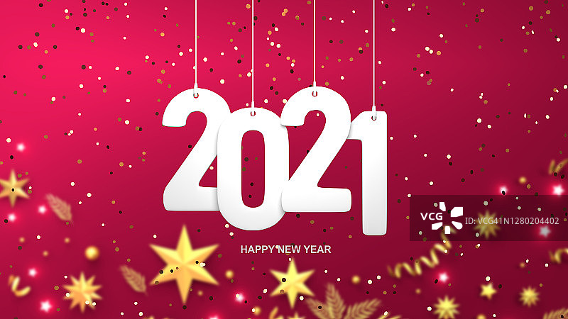 2021年新年快乐的文字像圣诞装饰品一样挂在新年贺卡的背景上图片素材