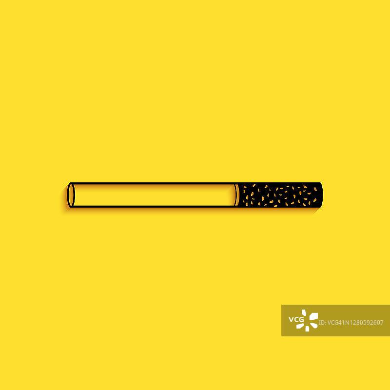 黑色香烟图标孤立在黄色背景上。烟草的迹象。吸烟的象征。长阴影风格。向量图片素材