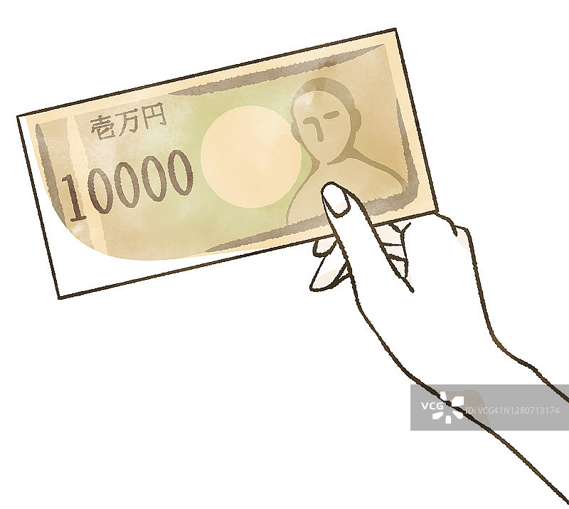 手里拿着一张10000日元的钞票图片素材