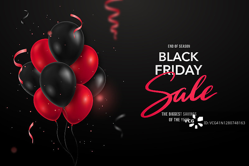 黑色星期五横横幅。销售背景与3d红色和黑色现实气球和蛇。横幅广告向量。图片素材