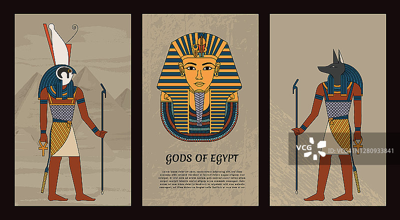 矢量插图符号古埃及埃及神阿努比斯和荷鲁斯，和法老图坦卡蒙的面具。彩色复古风格。每股收益10图片素材