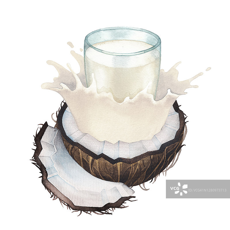 水彩玻璃植物牛奶从切片的椰子喷溅出来。图片素材
