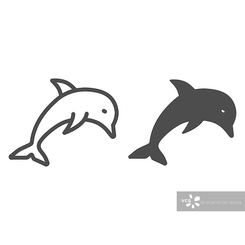 海豚线和固体图标，海洋生物概念，水下世界标志在白色背景，跳跃的海豚图标轮廓风格的移动概念和网页设计。矢量图形。图片素材