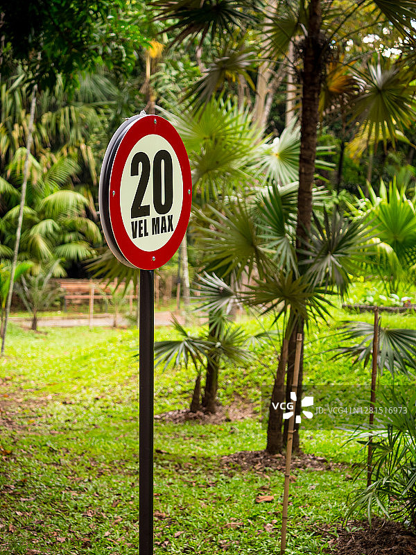 绿色原始植物园的标志上写着“最高20公里”(最高时速20公里)图片素材