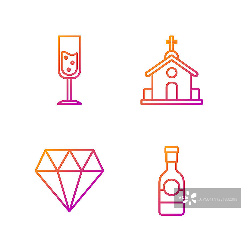 系列香槟瓶，钻石，香槟杯和教堂建筑。渐变颜色图标。向量图片素材