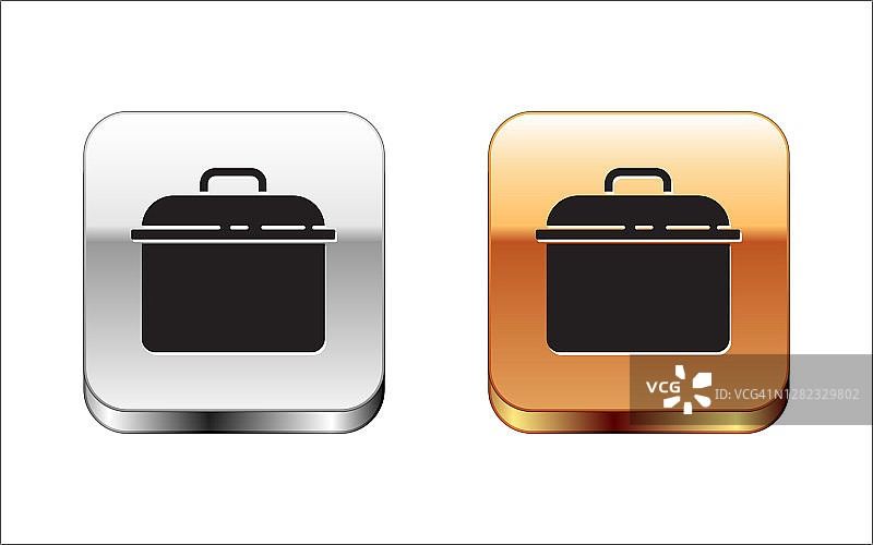 黑色烹饪锅图标孤立在白色背景。煮或炖食物的象征。金银平方按钮。向量图片素材