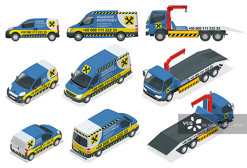 在线路边援助。一套用于运输故障拖车和应急车。路边援助图片素材