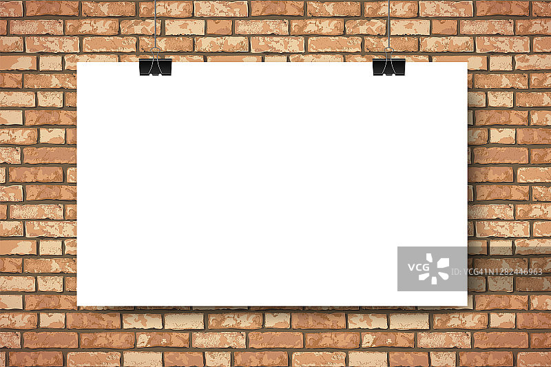 模型与空白的白色水平海报在棕色砖墙的背景。新潮的组合布兰克空间框架背景。矢量插图的网络组合，海报模拟，广告图片素材