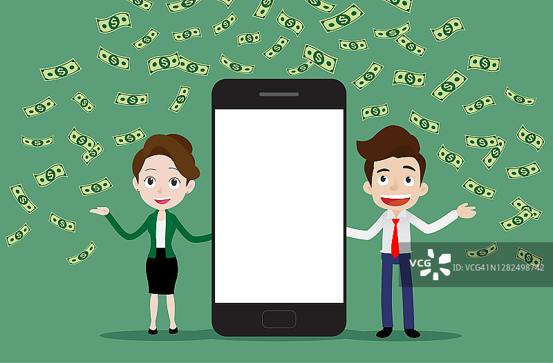 商人和女商人正站在巨大的智能手机旁边，白色的屏幕下着落下的钱雨，用手机在线赚钱的概念图片素材