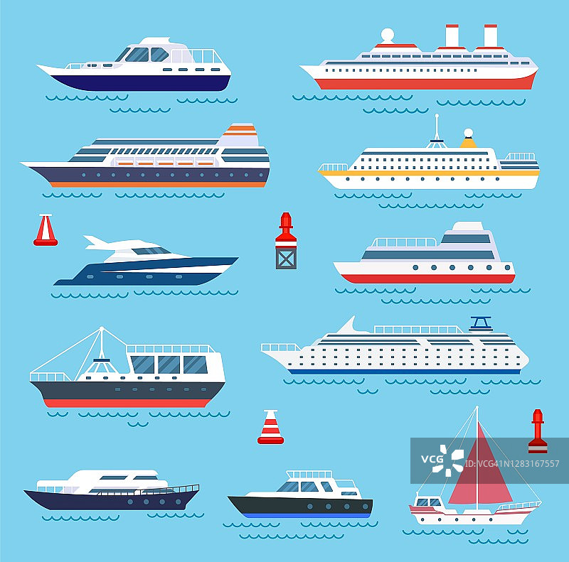 海洋船舶。轮船、快艇、游艇。旅行或运输，游轮和现代船只。水上运输矢量图标图片素材