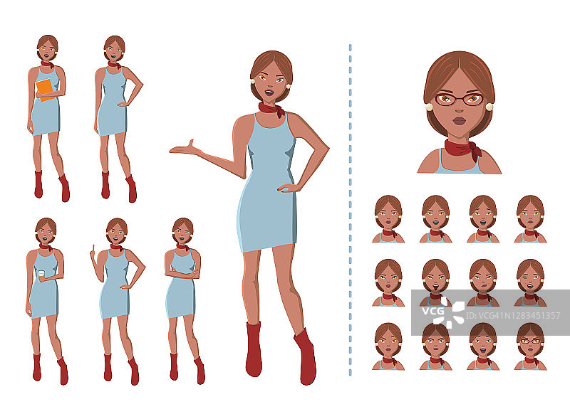 棕色头发，蓝色裙子，红色靴子的年轻女子。不同的手势孤立矢量插图12个面部表情。图片素材
