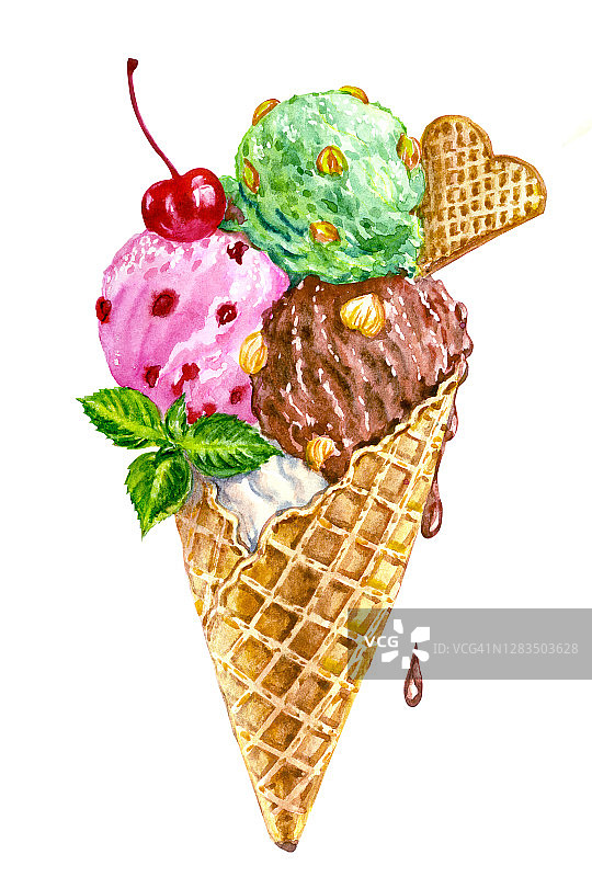 有浆果、巧克力和坚果的冰淇淋，各种颜色的球装在华夫蛋筒里图片素材
