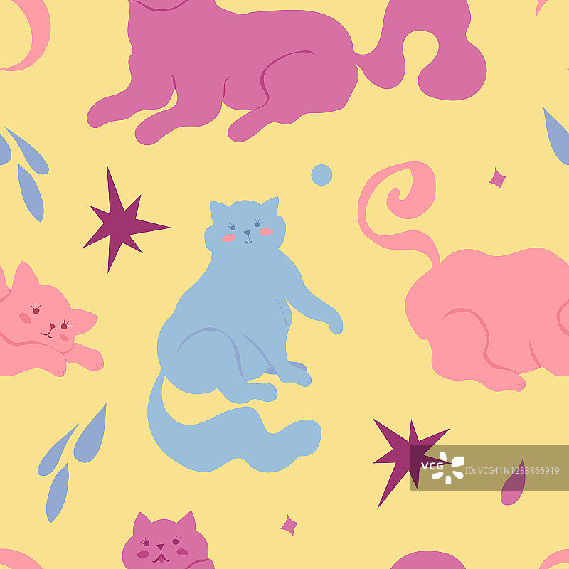可爱的矢量无缝模式与可爱的粉彩猫在黄色的背景与星星和月亮图片素材