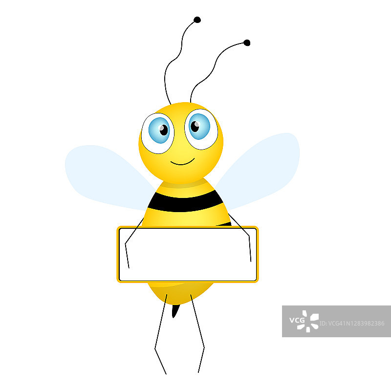 卡通可爱的蜜蜂吉祥物。快乐的蜜蜂和空桌子。小黄蜂。向量的性格。昆虫图标。节日模板设计，邀请函，卡片，壁纸，学校，幼儿园。副本的空间。图片素材