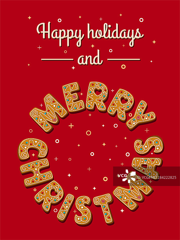圣诞贺卡与圣诞姜饼在红色的背景。圣诞快乐成语圈。矢量插图。图片素材
