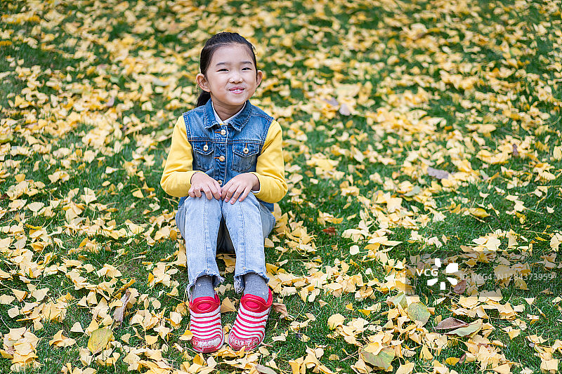 小女孩坐在长满树叶的草地上图片素材