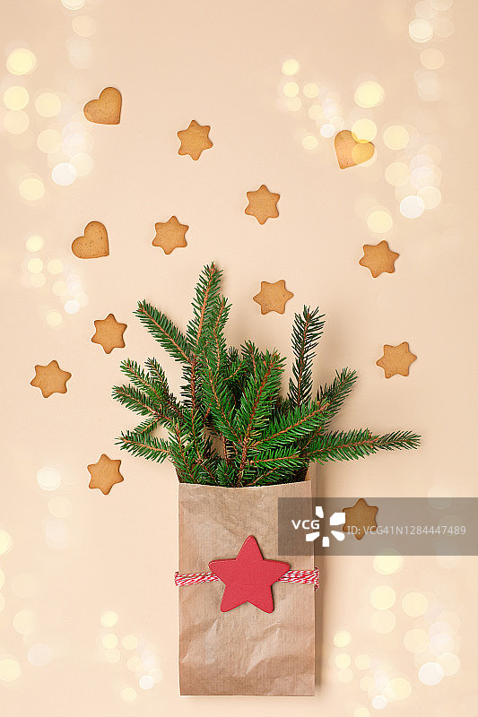 圣诞节零浪费环保理念。圣诞装饰，自制的姜饼饼干，杉木树枝上的自然米色背景。图片素材