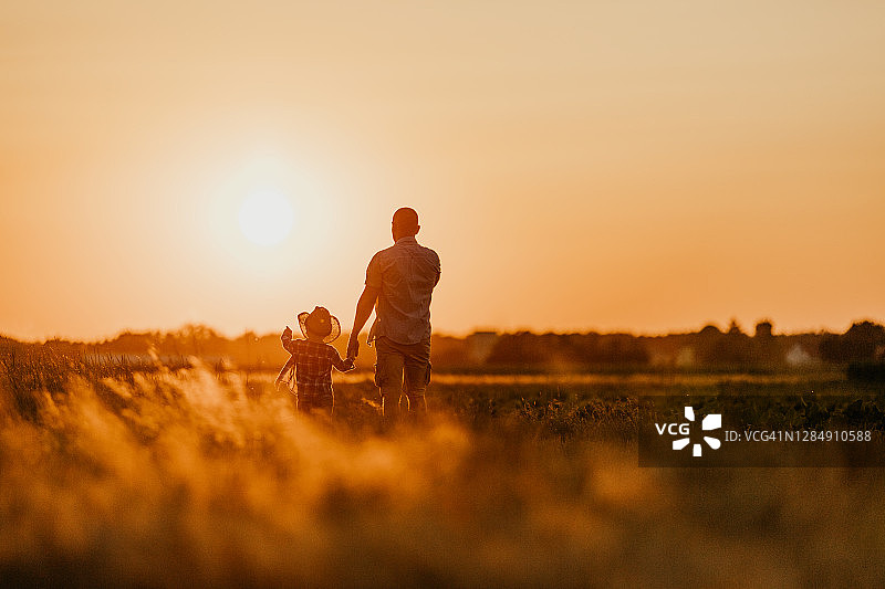 日落时分，父亲和儿子在田野里散步图片素材