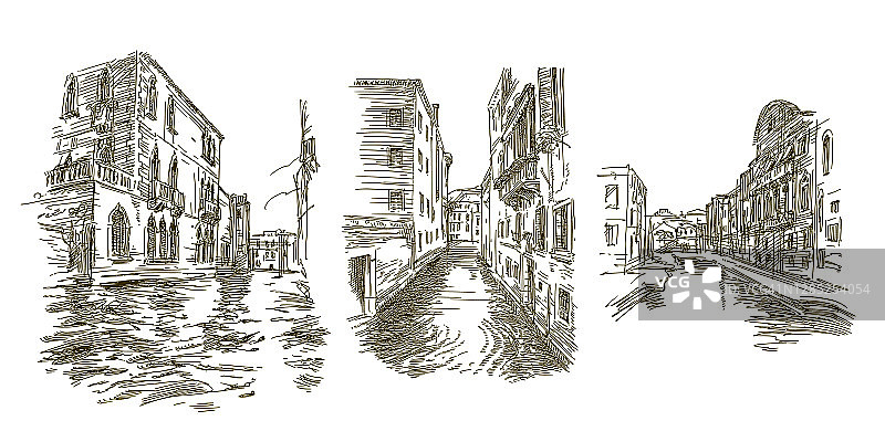 传统威尼斯城市景观，手绘集。图片素材