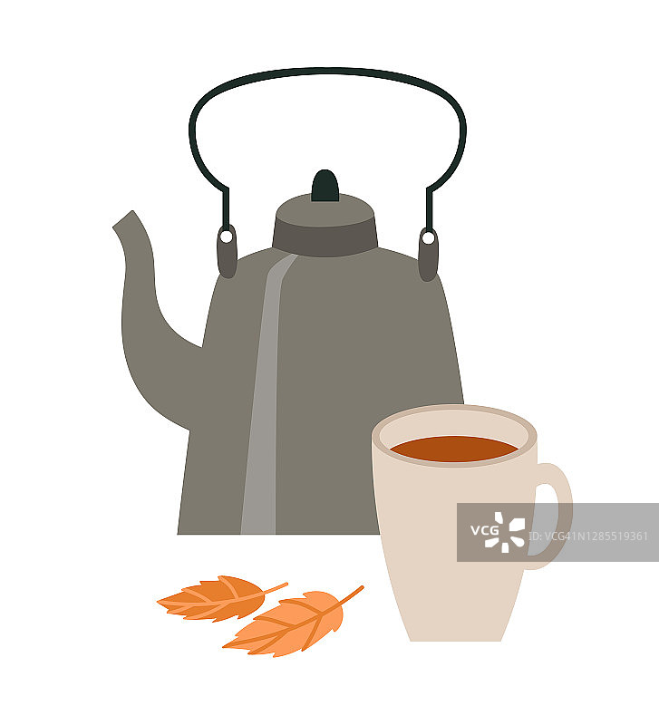 矢量插图的灰色茶壶和一杯茶孤立在白色的背景。图片素材