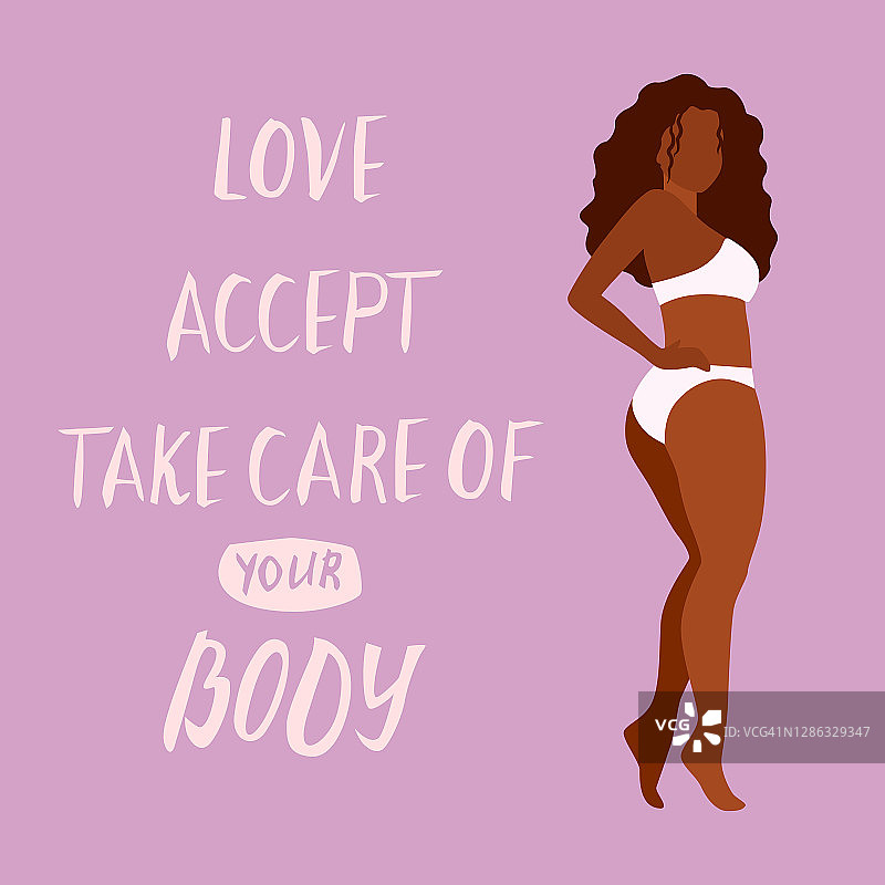 爱，接受，照顾你的身体卡，海报。美丽的大码女人。身体正面概念。图片素材