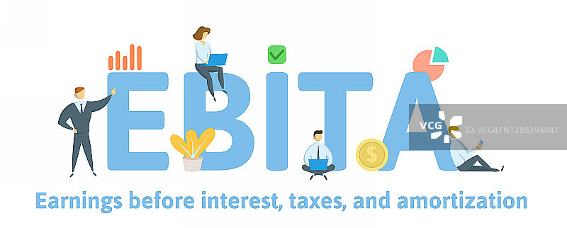 EBITA，息税及摊销前收益。概念与关键字、人物和图标。平面矢量图。孤立在白色上。图片素材