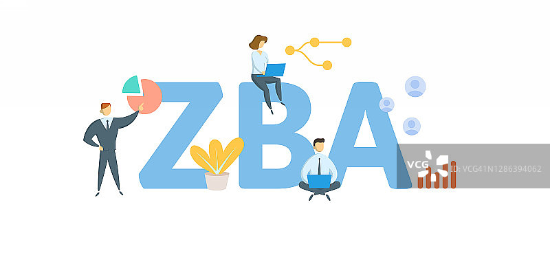 ZBA，零余额账户。概念与关键字、人物和图标。平面矢量图。孤立在白色上。图片素材