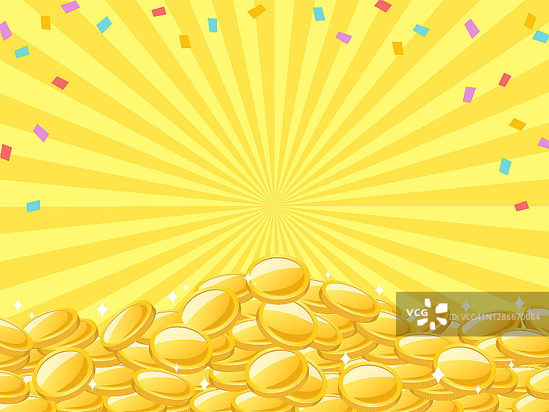 画框背景，黄色集中线条的背景上，五彩缤纷的五彩纸屑和许多金币堆积如山。图片素材