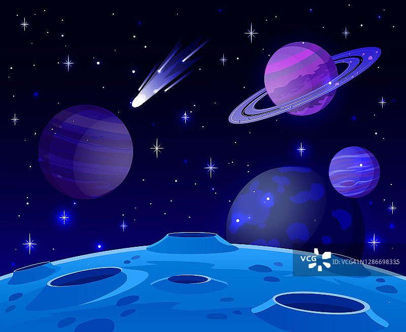 卡通空间景观。宇宙行星表面，未来的天体景观，星系恒星和彗星视图矢量背景插图图片素材