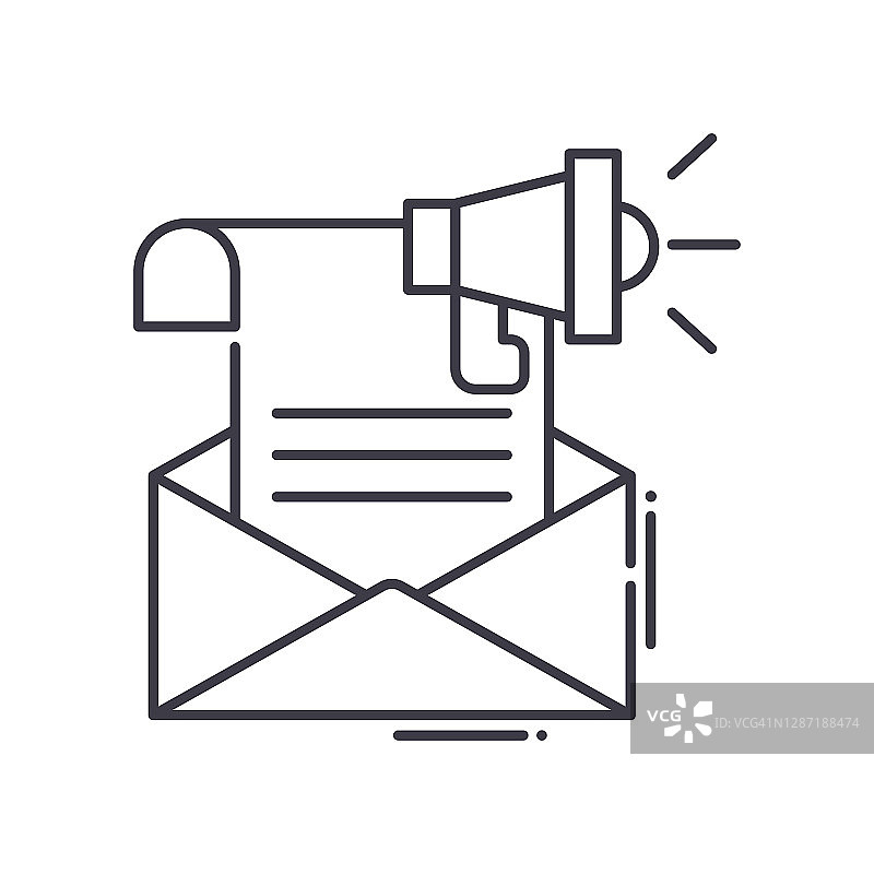 电子邮件营销计划图标，线性孤立的插图，细线矢量，网页设计标志，轮廓概念符号与可编辑的白色背景笔划。图片素材