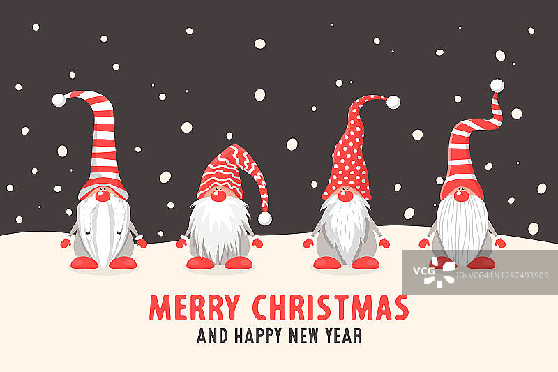 圣诞快乐明信片。四个矢量圣诞可爱的小矮人与红色的帽子在黑色背景上的平面风格。圣诞快乐和新年快乐卡片小矮人设计模板。卡通儿童角色图片素材